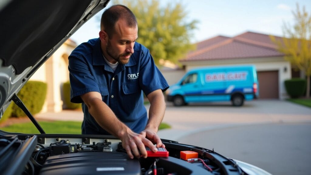 A friendly, professional mobile mechanic working on a car parked in a sunny suburban driveway. The mechanic wears a clean uniform with a logo patch, holding tools and a diagnostic scanner. The background shows typical scenery—clear blue skies, desert plants, and modern homes