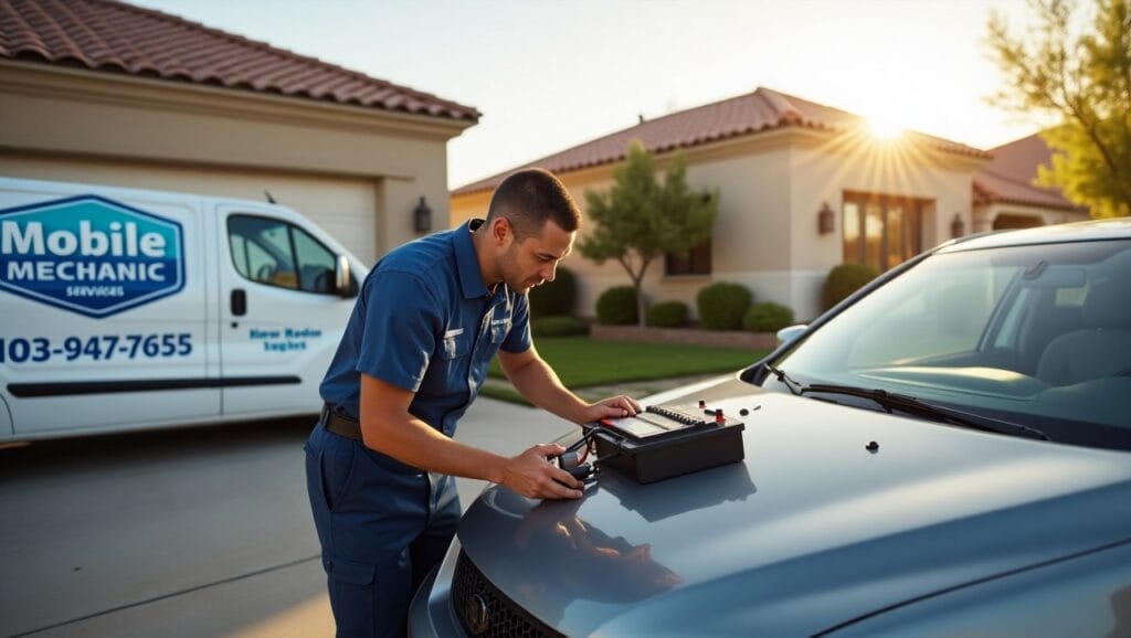 A friendly, professional mobile mechanic working on a car parked in a sunny suburban driveway. The mechanic wears a clean uniform with a logo patch, holding tools and a diagnostic scanner. The background shows typical scenery—clear blue skies, desert plants, and modern homes