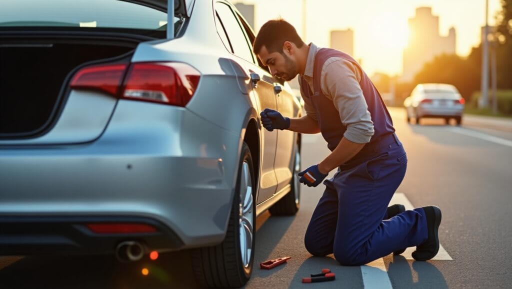 The mechanic is checking under the hood of a mid-size sedan in a sunny, urban setting, with tools nearby and the Memphis skyline subtly visible in the background.